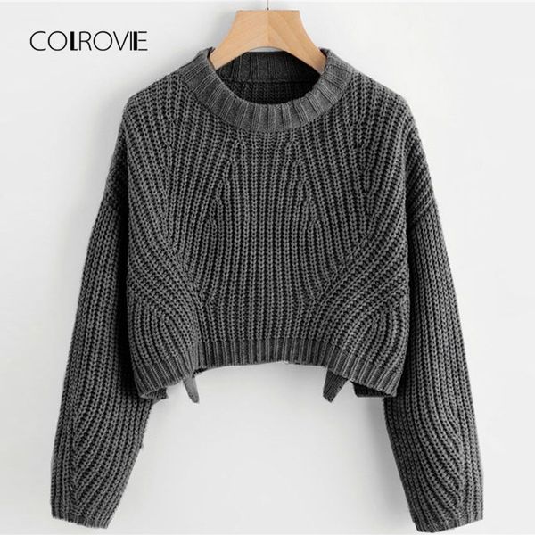 

colrovie split solid korean elegant crop grey sweater women 2018 fashion pullover long sleeve winter jumper ladies sweaters, White;black