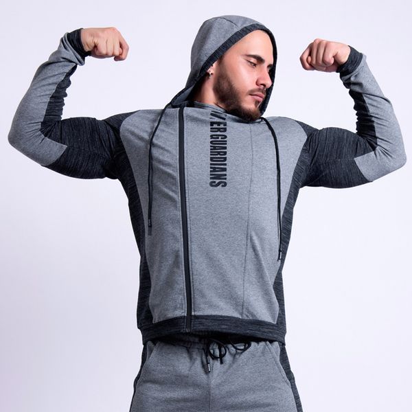 

men's hooded sports jacket fitness gym training long sleeve zipper hoodie splice tracksuit outdoor running sportswear, Black;red