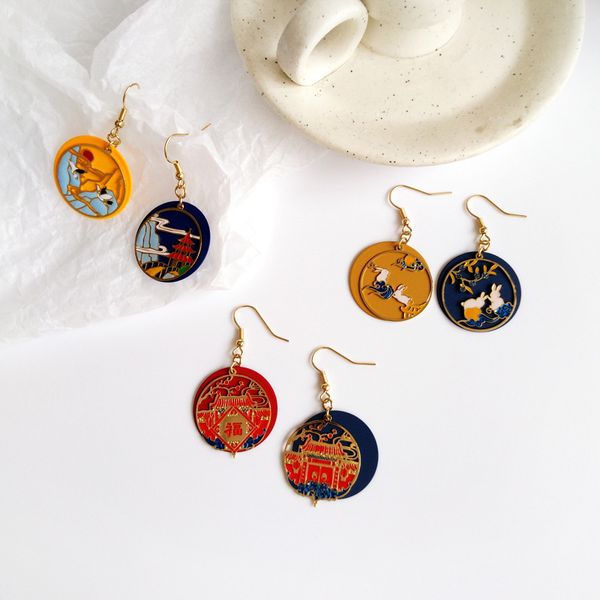

chinese style traditional culture drip oil painted geometric round earrings palace matching costume earrings, Silver
