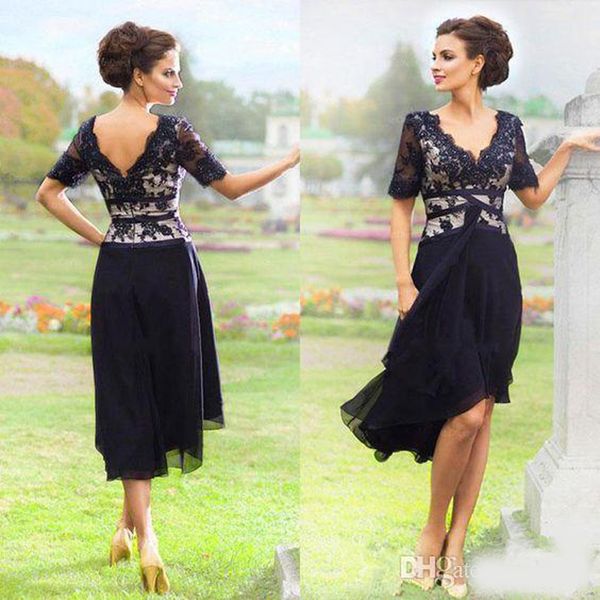 

navy blue chiffon lace knee-length mother of the bride dresses summer beach wedding party dress half sleeve plus size gown, Black;red
