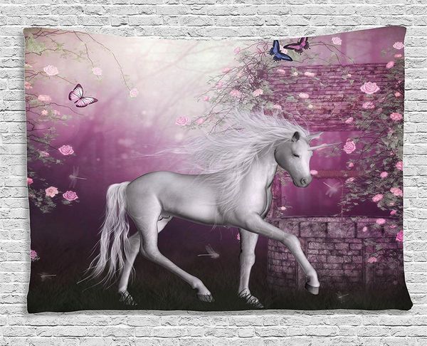 

fantasy house decor collection,wall hanging tapestry unicorn in rose garden summer flying butterflies romance fairy tail themed