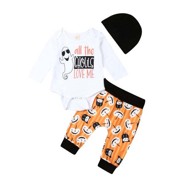 

2019 autumn newborn baby boy girl halloween clothes cute long sleeve romper jumpsuit pants hat 3pcs outfits, White