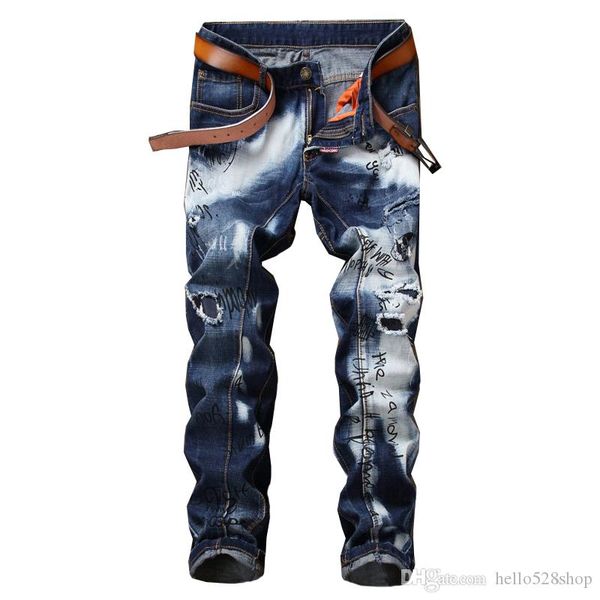 

new hole stitching men's printed jeans straight beggar pants trend special blue and white color design jean casual pant