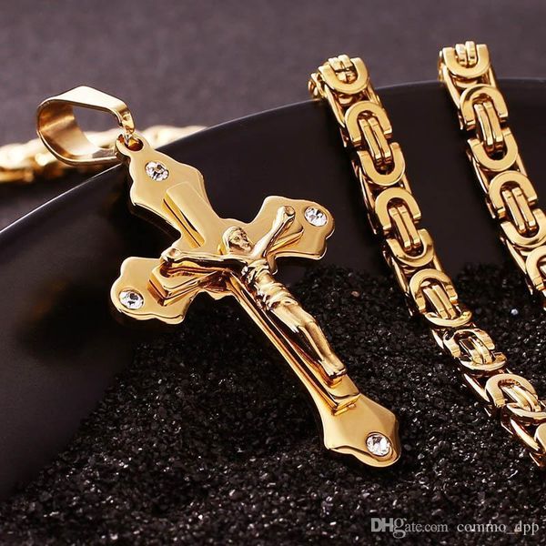 

stainless steel cross necklaces multi-layer christian jesus crucifix pendant gold biker chain for men s hip-hop punk jewelry, Silver