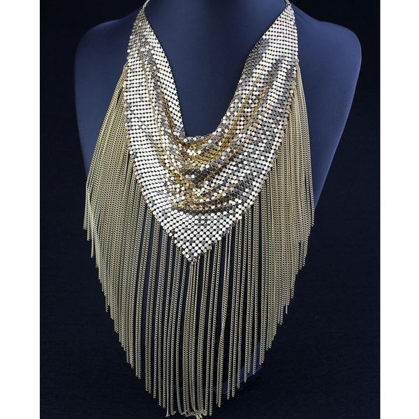 

brand gold silver black sequined metal alloy necklace strap body chain for women sequins fringe tassle choker necklace jewelry, Golden;silver