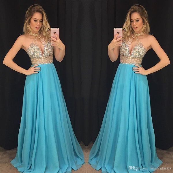 

blingbling 2019 prom dresses crystal beading halter neck formal evening gowns 2k17 girls party dress, Black