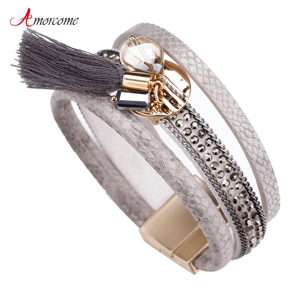 

amorcome tassel leather bracelets & bangles for women men vintage femme bead multiple layers charm bracelet party jewelry gift, Golden;silver