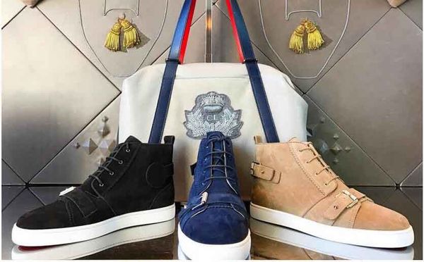 

original box]three color franch red bottom sneaker mono strap suede sneakers highgenuine leather with ziper shoes black khaki blue