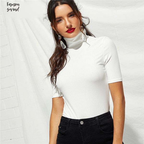 

solid t shirt weekend casual white high neck rib pullovers plain autumn casual fit short sleeve t shirt knit top