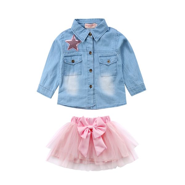 

spring 2pcs cute fashion toddler baby girls casual turn-down collar star print blue denim shirts bow lace tutu skirt 1-6y, White