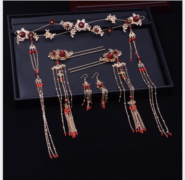 

bride red pearl retro hair set bride red antique headdress, Slivery;golden