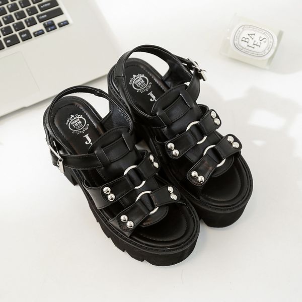 

studded sandals 2020 summer with heel comfort shoes for women high heels espadrilles platform large size muffins shoe, Black