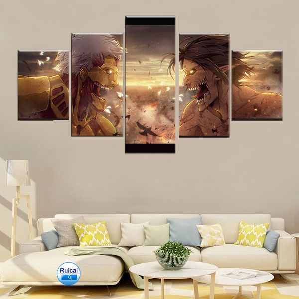

hd print 5 panel attack titan battle eren yeager anime poster canvas painting modern abstract picture for living room wall art