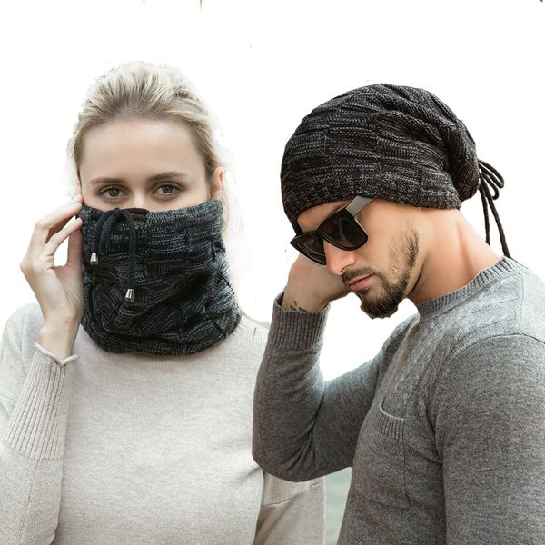 

new designs warm knitted hat beanie cotton neckerchief hats dual purpose cap scarf women men snood thermal winter ski cycling outdoor hats, Blue;gray