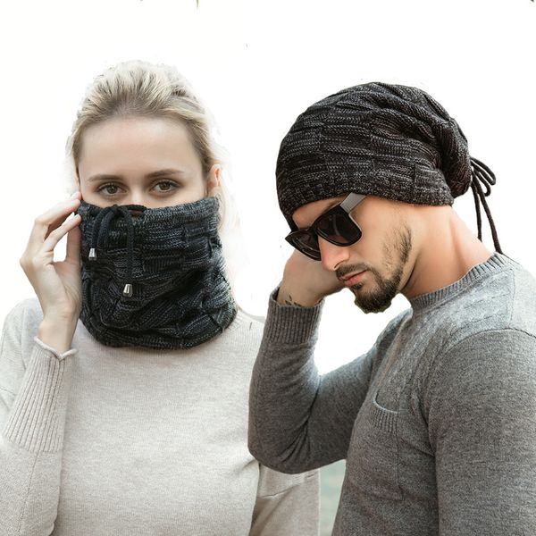 New Designs Quente malha Hat Beanie Algodão Lenço Chapéus dupla finalidade Cap Scarf Mulheres Homens Baixada térmica de esqui no inverno ciclismo ao ar livre Chapéus