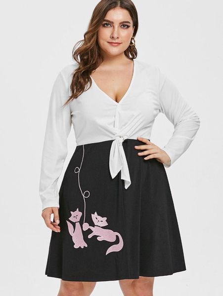 

wipalo women plus size cat embroidery plunge a line dress v neck tied front long sleeve casual dress 2019 ladies spring vestidos, Black;gray