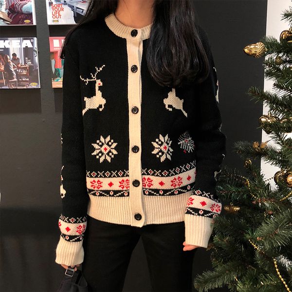 

2 colors 2018 autumn and winter korean chic style snow christmas sweater knitted cardigans womens (x141, White;black