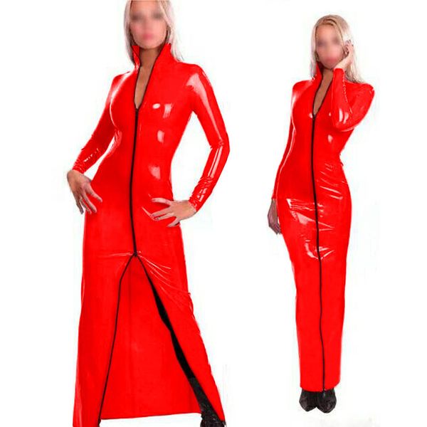 Abito aderente alla caviglia in PVC taglie forti Abito bagnato da donna Dolcevita a maniche lunghe con cerniera Abito anteriore con cerniera Sexy Club Cosplay Vestido lungo