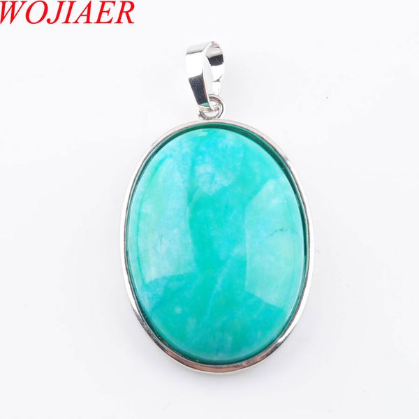 

wojiaer natural amazonite gem stone bead oval silver plated healing reiki chakra pendant necklace jewelry 1pcs dn3684