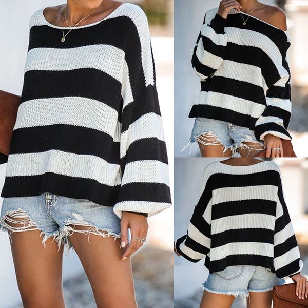 

sweater women stripe knitting casual loose office wear sweater long sleeve autumn pullover modis brief black sueter#3s, White;black