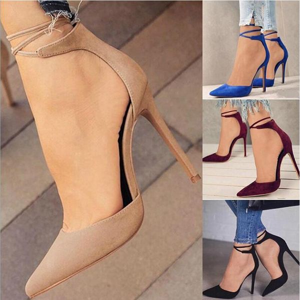 

New women high heels sexy pumps stiletto pointed toe party ankle strappy high heels black ladies wedding shoes