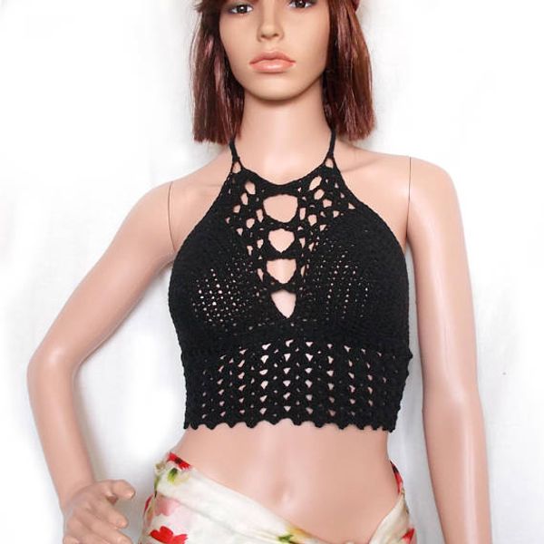 

black crochet halter crop backless crochet bikini festival hippie clothes bustier tank goth clothes, White;black