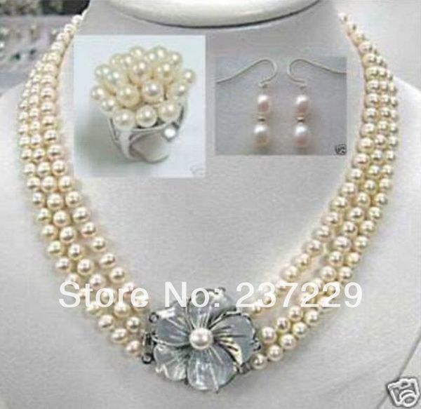

dyy wholesale price rows 7-8mm white akoya pearl necklace ring earrings jewelry set nice, Silver