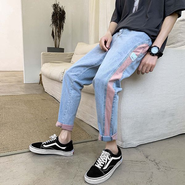 

2020 spring and summer new youth popular men's color matching loose jeans fashion casual straight pants pink / blue 28-34