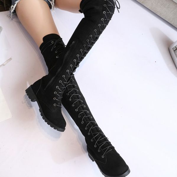 

thigh high boots lace-up women shoes over the knee boots flat long ladies rubber women shoes 35-43, Black