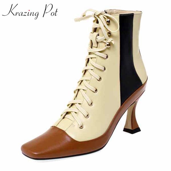 

krazing pot new genuine leather square toe mixed color high heels plus size gladiator dating keep warm wedding boots l12, Black