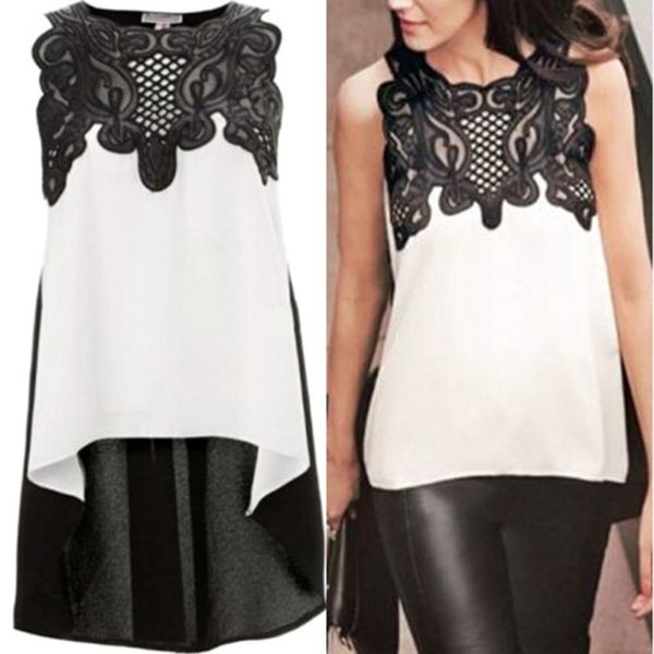 

2019 women chiffon blouse patchwork long back sleeveless asymmetric shirt loose casual plus size shirt oversized female, White