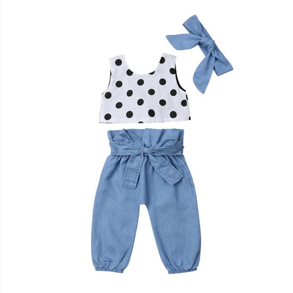 

summer girl kids clothes set sleeveless dots jeans pants +bows headband 3 pcs sets kids designer clothes girls jy344, White