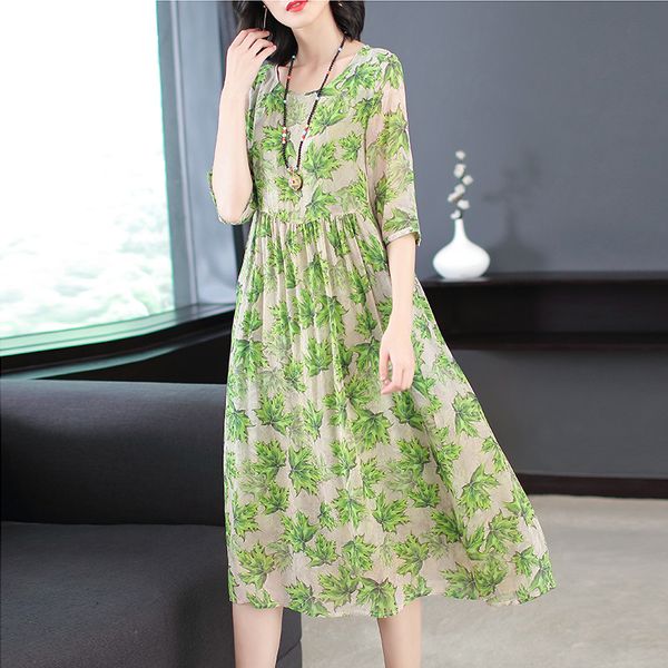 

s-3xl plus size elegant green dresses 2018 summer slim women silk printed plated dress vintage big size dress vestidos, Black;gray