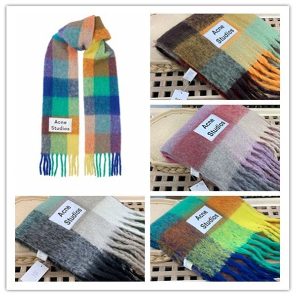 

brand acne studios 4 color wool scarf new rainbow grid fringed shawl for male and female, Blue;gray