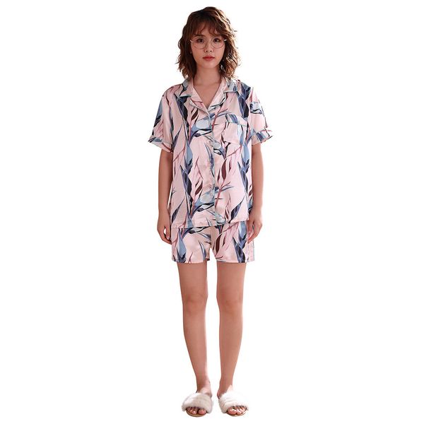 

summer casual women simulation silk printing pattern pajamas short sleeve soft sleepwear silky nightwear set, Black;red