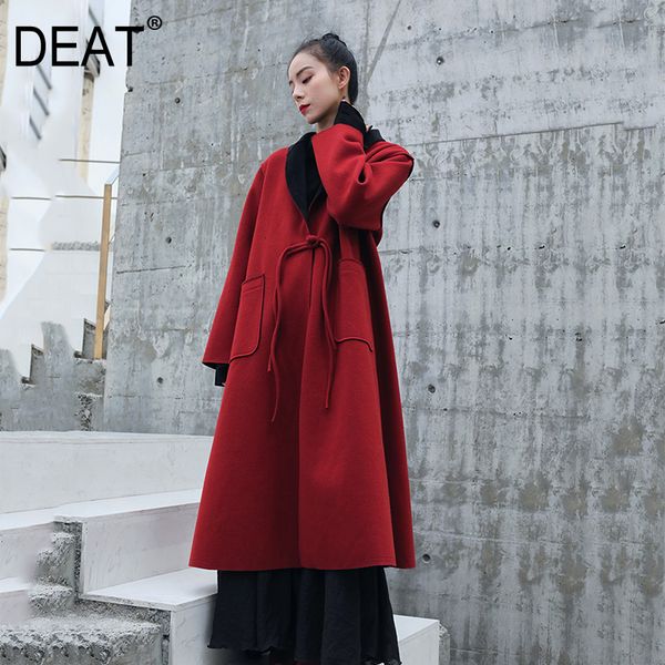 

deat] loose fit bandgae pocket warm woolen coat parkas new hooded long sleeve women fashion tide autumn winter 2019 19l-a190, Black