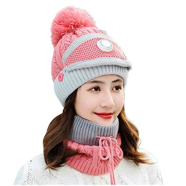 

новая мода женщины дамы вязаная шапочка шарф кабель шляпа маска для лица 3шт snood шеи зимний помпон шапка, Blue;gray