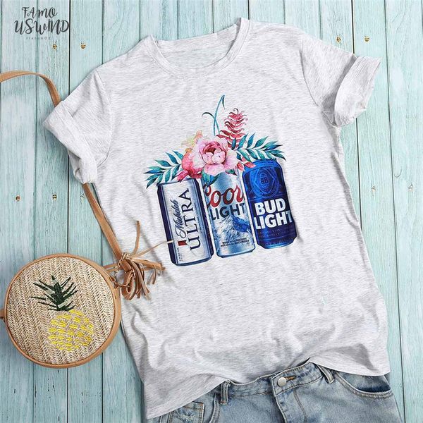 

beer print summer gray t shirt women o neck tee casual plus size women tee shirts flowers female loose top, White