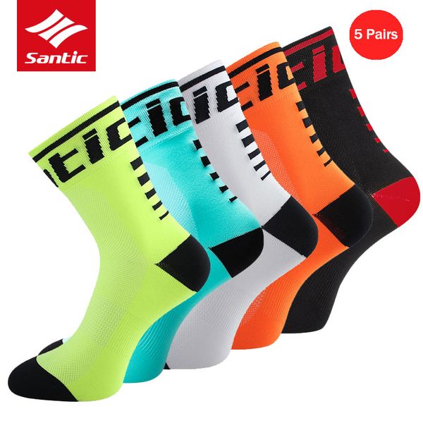 

santic 5 pairs cycling socks professional running football basketball sport socks breathable bicycle bike meias ciclismo, Black