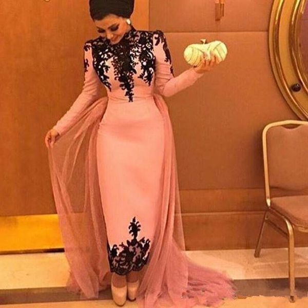 

pink muslim evening dresses sheath long sleeves appliques lace formal islamic dubai saudi arabic long prom evening gown, Black;red