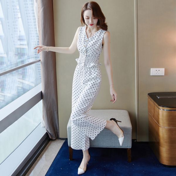 

fashion summer korean sleeveless white dot 2 piece set women high waist wide leg pants women 2 piece set crop clothes sets