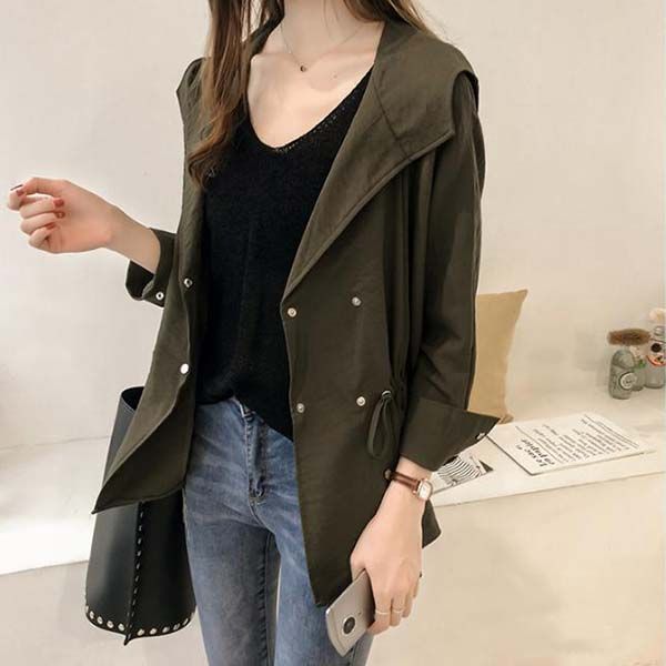 

early autumn women's new 2019 korean version of the loose hooded windbreaker women's long section casual long-sleeved cardigan coa, Tan;black
