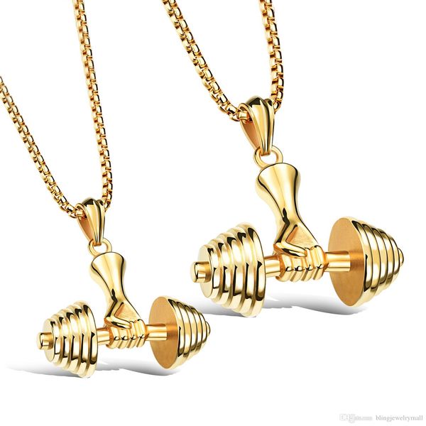 

fashion dumbbell & hand necklace gold/black/steel color stainless steel cool pendant jewelry for men boys gift, Silver