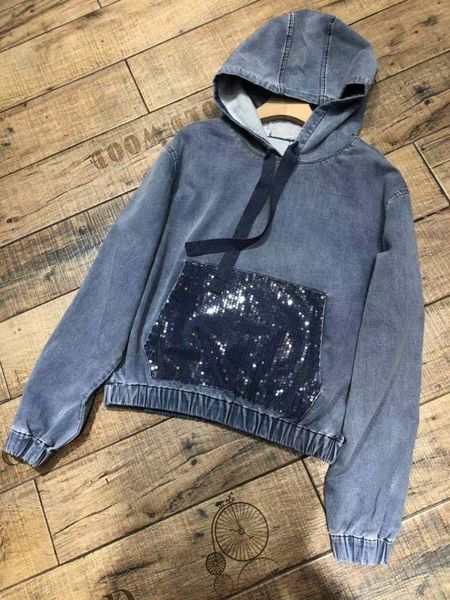 

2019 new ladies fashion long sleeve casual beaded denim hoodie 1128, Black