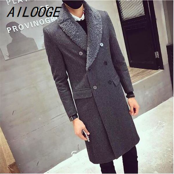 

ailooge overcoat with fur collar double brested thick padding coat men winter long thick warm jacket slim fit black grey trench
