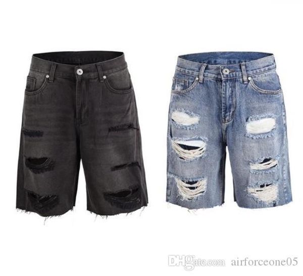

kanye washed mens short jeans summer knee length designer holes ribbon jean pants mens loose jeans shorts, White;black