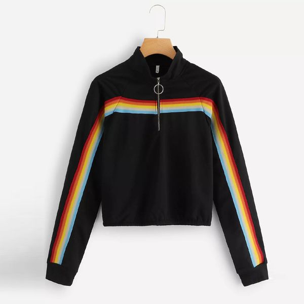 

casual womens sweatshirt solid splicing zipper stripe pullover sweatshirt rainbow new hoodies ladies girls autumn winter a1, Black