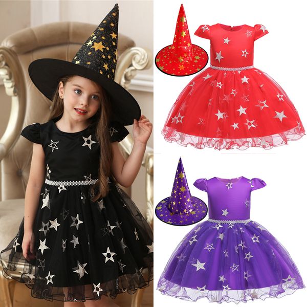 

halloween girls cosplay dresses 3 colors cartoon star printed lace mesh dresses+witch hat 2 piece kids designer clothes girls mjy785, Red;yellow