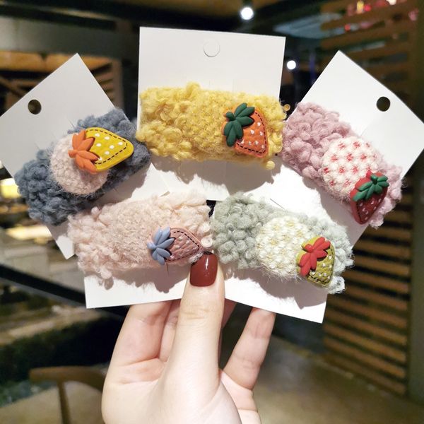 

2019 autumn and winter strawberry clip plush imitation lamb hair clip cute girl bangs children clip, Golden;silver