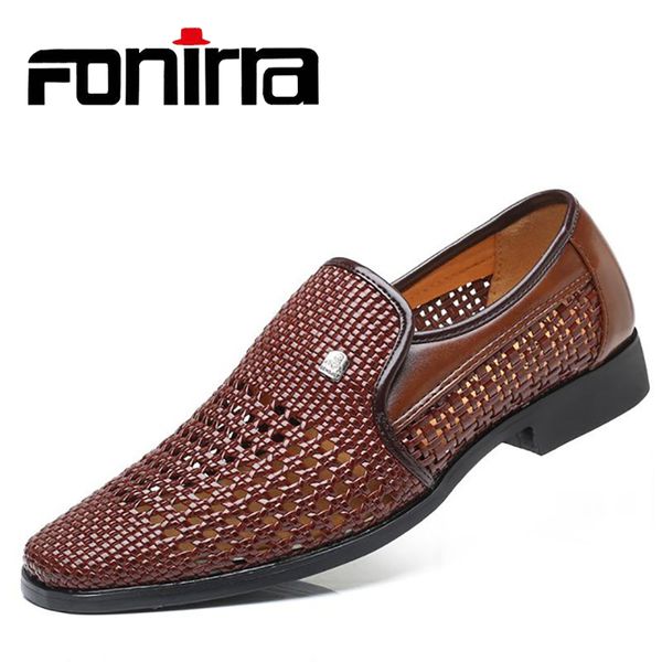 

fonirra 2019 new summer men's leather sandals genuine leather soft bottom slip-on hole shoes hollow weave dad shoes 388, Black